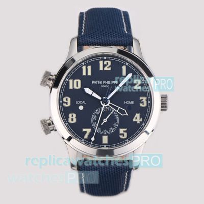 Swiss Clone Patek Philippe Calatrava Pilot Travel Time Watch with Blue Leather Strap 